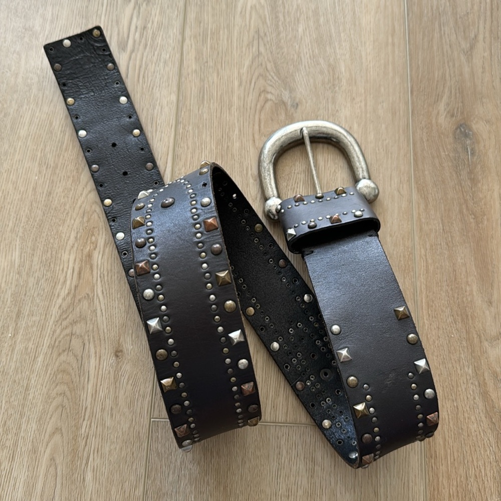 Leather Wide Black Gray Studded Antiqued Brass Large Silvertone Buckle Belt L
